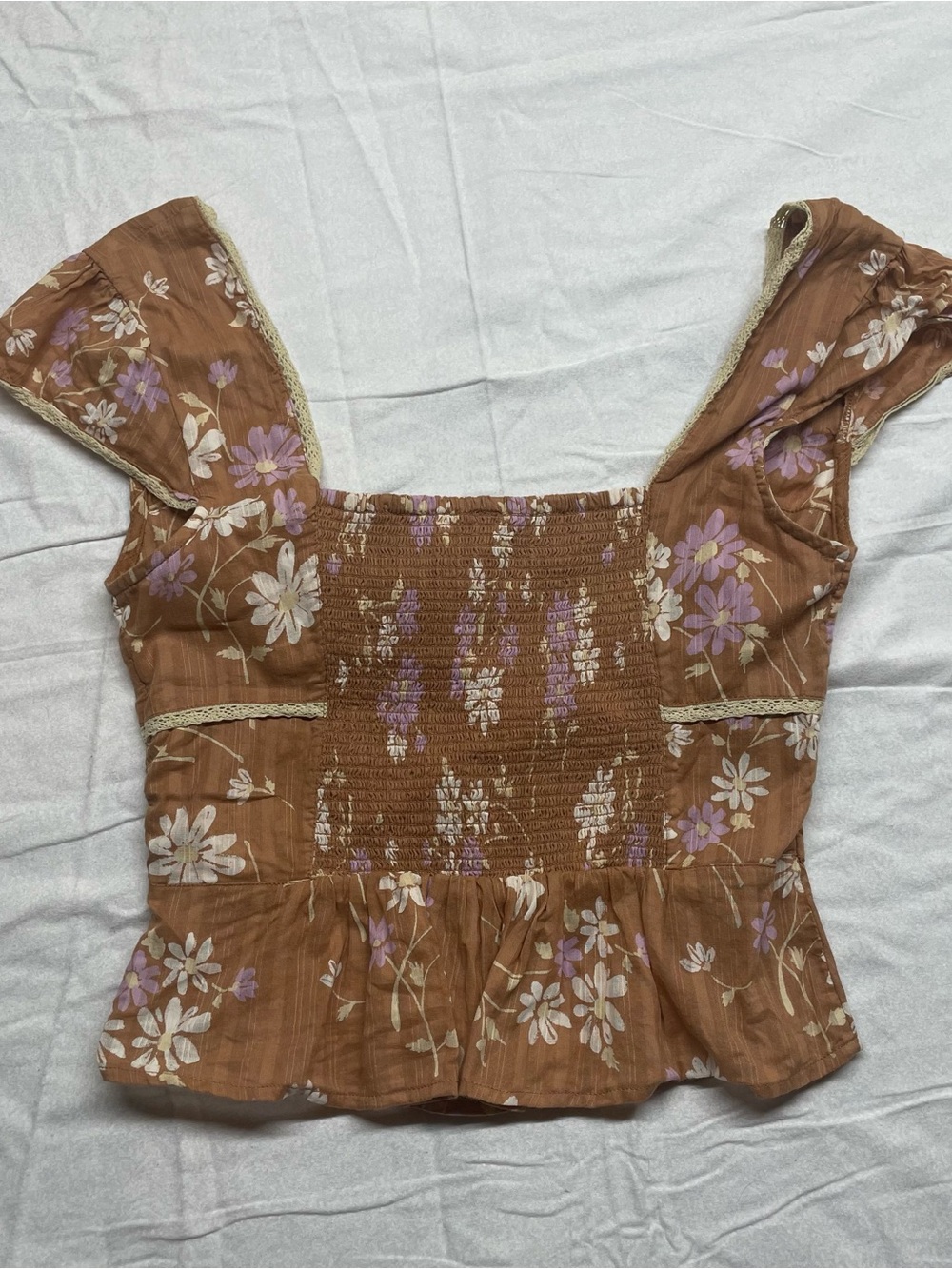 Free People Brown Floral Smocked Peplum Top with Lavender & Cream Blooms